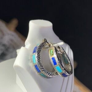 Sterling Silver vintage Turquoise Lapis Inlay Hoop Earrings